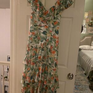Wayf Asymmetrical Floral Dress in Green and Orange